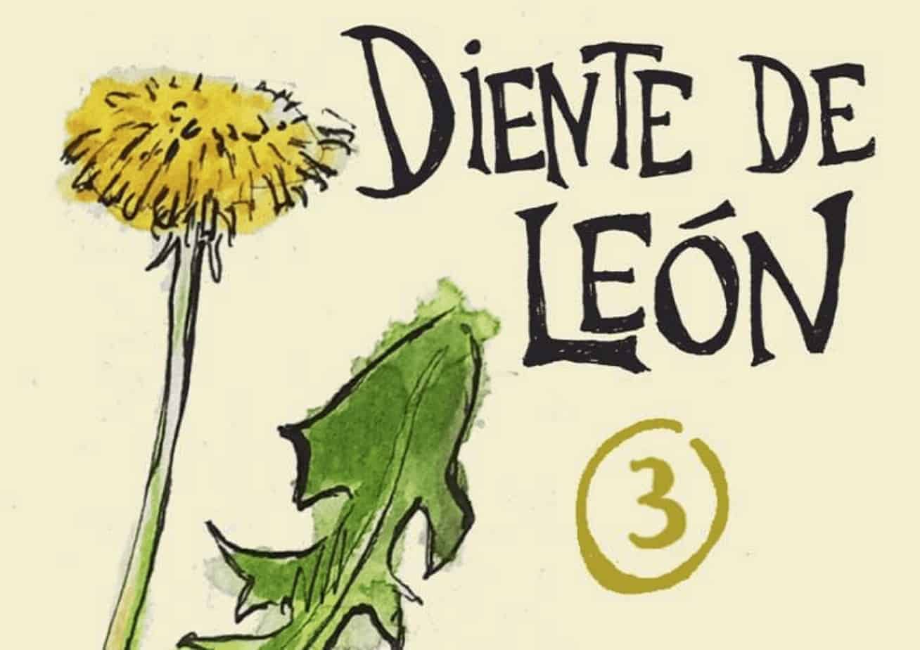 Ilustración de diente de león con flor y hoja, enfoque en sus propiedades medicinales.