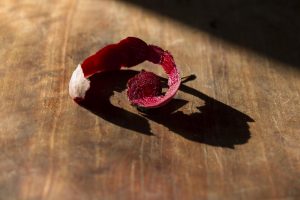 Cáscara de fruta seca sobre superficie de madera con sombra.